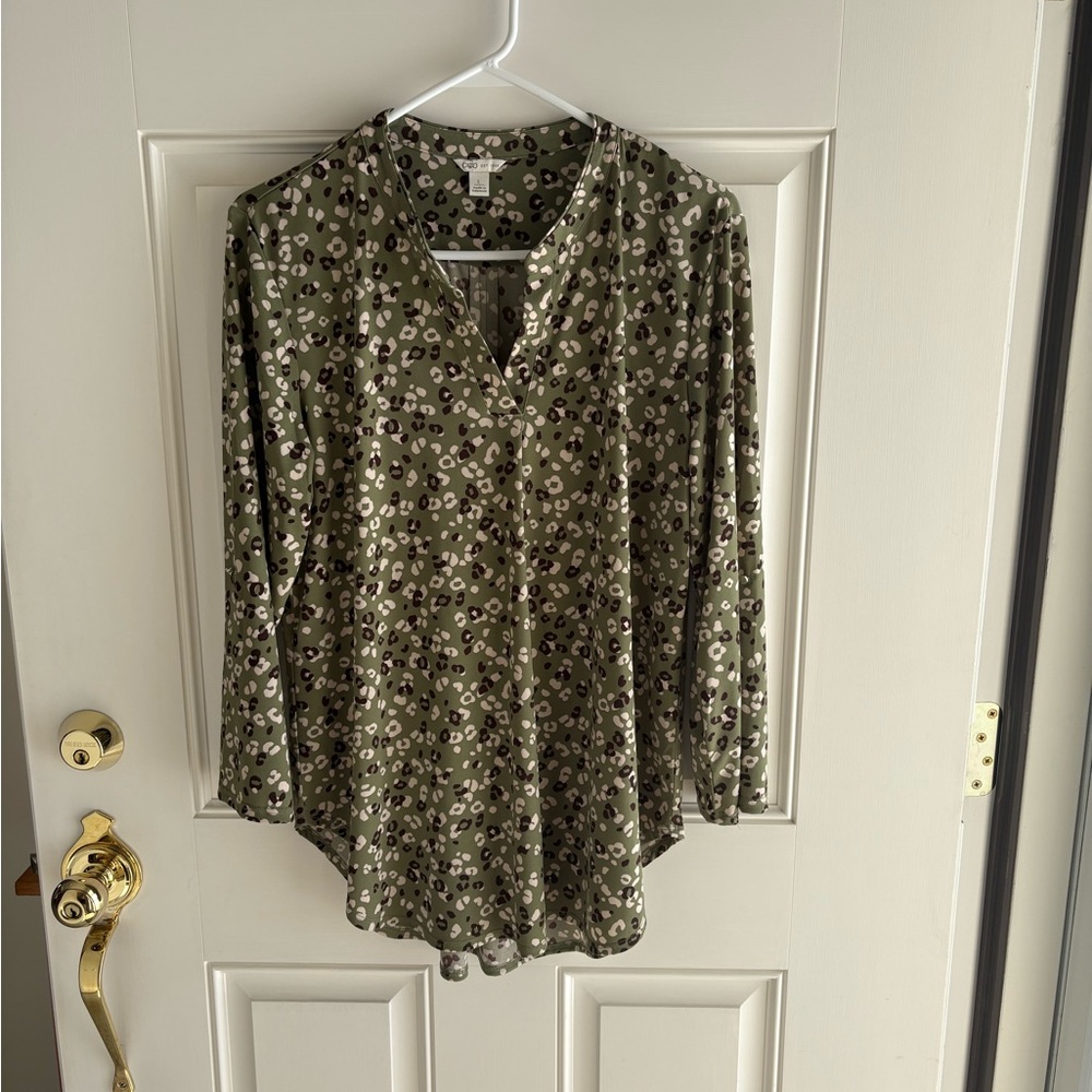 Tan and Brown Graphic Long Sleeve Blouse with Mandarin Collar